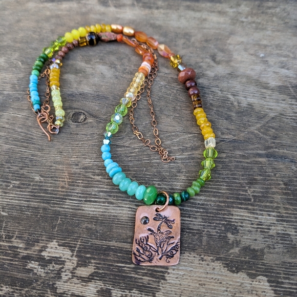 Hand Stamped Gemstone Gradient Dragonfly Necklace - Picture 8 of 10